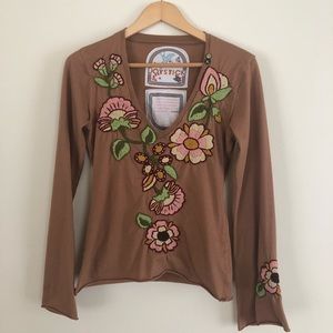 Joystick hand embroidered long sleeve top Size M